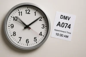 A clock next to a dmv appointment ticket
