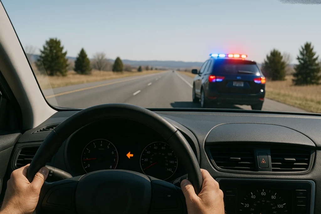 A vehicle signaling to turn left to move over for an emergency vehicle.